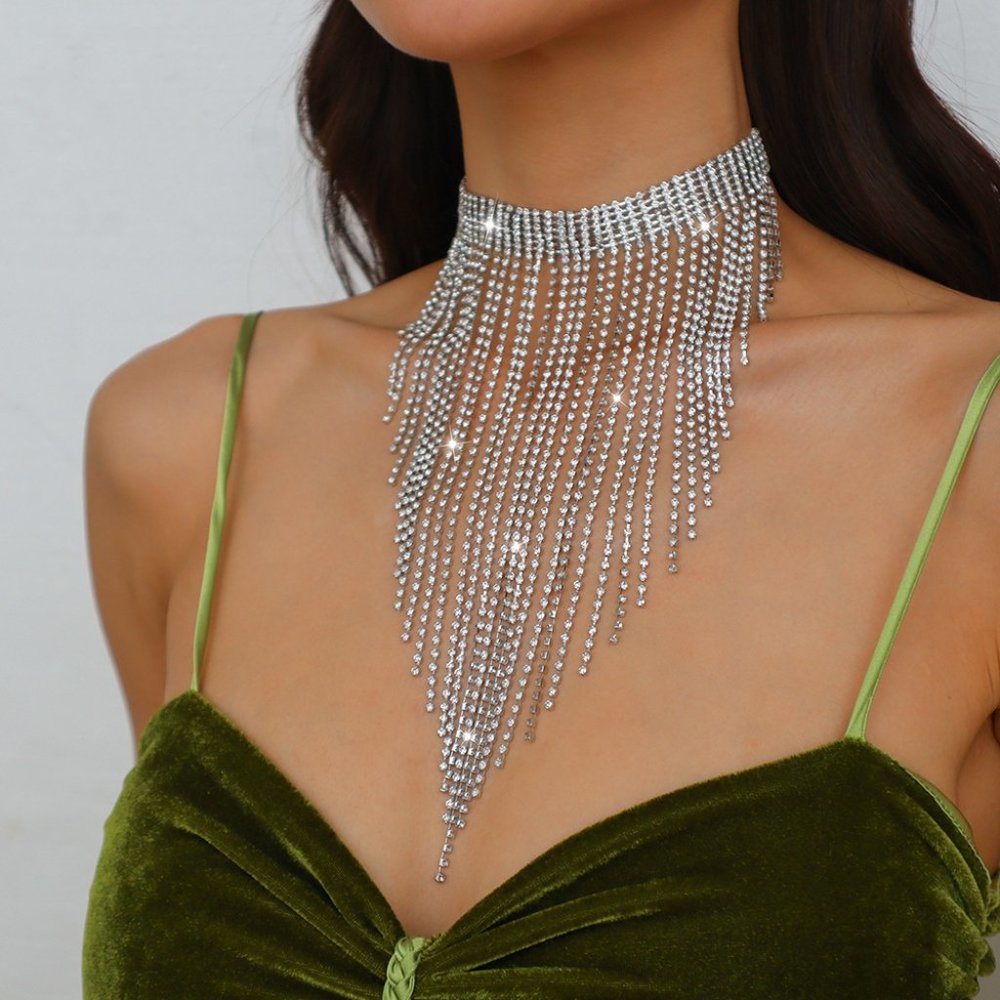 Bling Silver Crystal Long Drop Tassel Choker Necklace - Party Evening‎ Statement - Picture 3 of 9